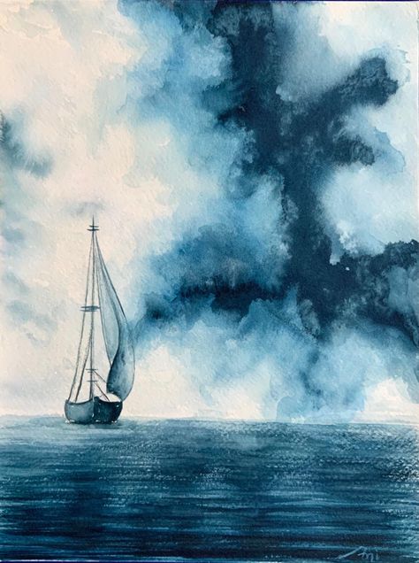 Sketch Book Water Colour, Watercolor Ship Painting, Monochromatic Painting Watercolors, Monochrome Painting Watercolor, Monochrome Watercolor Paintings, Aquarell Inspiration Easy, Sea Watercolor Painting, Watercolor Boats, Ship Watercolor