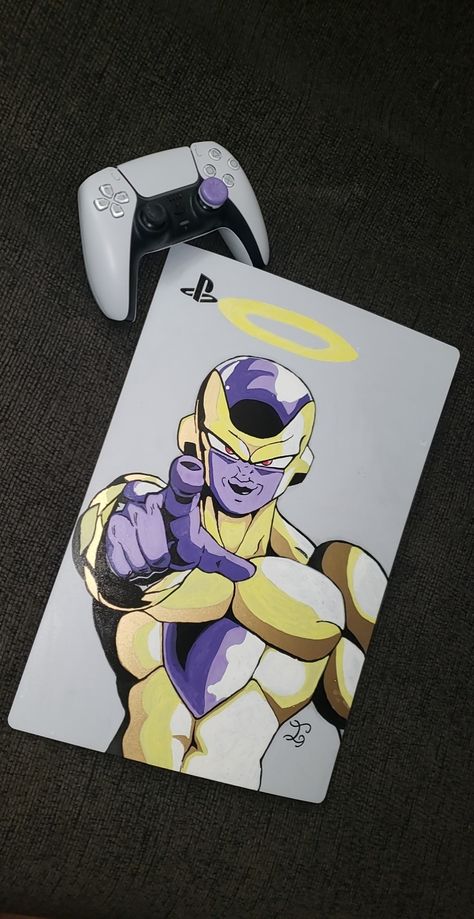 Drew this on my PS5 plate in tribute to Chris Ayres, Frieza's voice actor. R.I.P. 🕯 Custom Ps5 Plates, Ps5 Painting Ideas, Custom Ps5, Golden Frieza, Airbrush Designs, Study Room Decor, Plate Art, Easy Diy Art, Anime Quotes