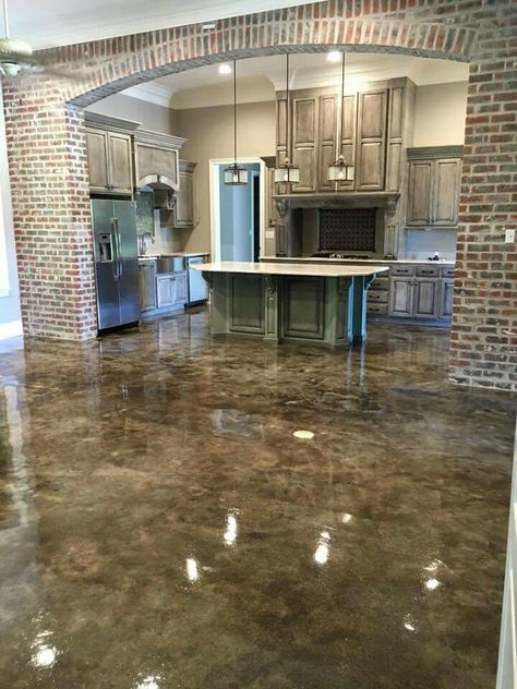 Epoxy Concrete Floor, Concrete Floors In House, Epoxy Concrete, Epoxy Floor Designs, Concrete And Wood, Industrial Office Design, Concrete Stained Floors, Black Kitchen Cabinets, Epoxy Floor