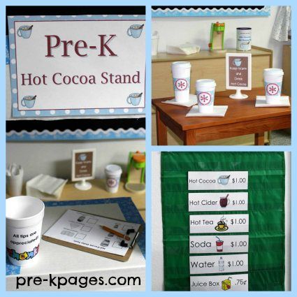 FREE Dramatic Play Hot Cocoa Stand Printables Hot Cocoa Dramatic Play, Preschool Freebies, Cocoa Stand, Dramatic Play Activities, Hot Cocoa Stand, Dramatic Play Themes, Play Stations, Winter Theme Preschool, Dramatic Play Printables