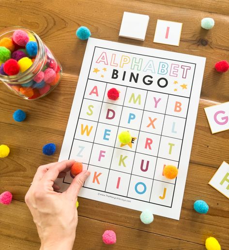 Free Printable Alphabet Bingo: A fun game to help kids learn their ABCs! - The Many Little Joys Abc Puzzles Free Printable, Bingo Alphabet Free Printables, Alphabet Bingo Cards Free Printable, Letter Bingo Printable Free, Abc Bingo Cards Free Printable, Tk Activities Free Printables, Alphabet Learning Activities Preschool, Alphabet Party Ideas, Alphabet Bingo Printable Free