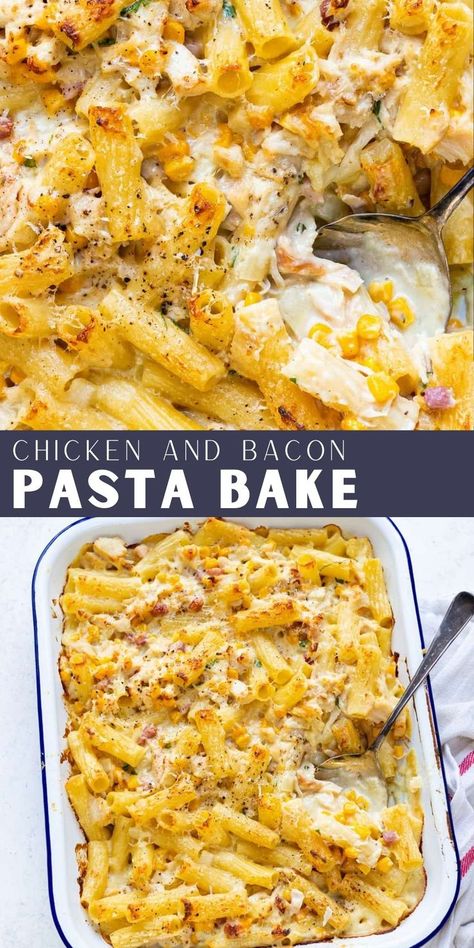 Chicken And Bacon Pasta, Baked Chicken Pasta Recipes, Bacon Pasta Recipes, Bacon Pasta Bake, Cheesy Chicken Pasta, Chicken Bacon Pasta, Chicken And Bacon, Chicken Receipes, Chicken Pasta Bake