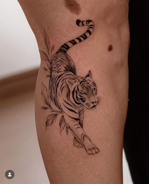 Tradition Tiger Tattoo, Tiger Side Profile Tattoo, Women’s Tiger Tattoo, Tiger With Leaves Tattoo, Large Tiger Tattoo, Feminine Animal Tattoos, Womens Tiger Tattoo, Cool Tiger Tattoos, Tiger Thigh Tattoo For Women