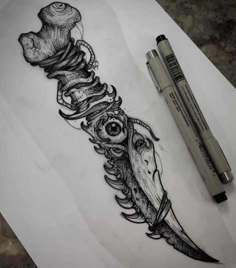 Goth Knife Tattoo, Dagger Tattoo Forearm, Tattoo Blackwork Dark, Skull And Dagger Tattoo, Ship Tattoo Sleeves, Bones Tattoo, Castle Tattoo, Tattoo Lettering Design, Knife Tattoo