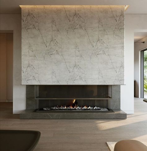 Liaigre Interior, Feature Wall Cladding, Sofa Area, Contemporary Fireplace Designs, Fireplace Feature Wall, Panoramic Windows, Family Communication, Fireplace Tv Wall, Linear Fireplace