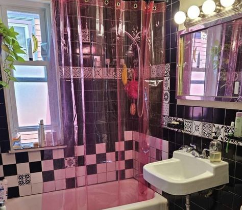 Pink Goth Bathroom, Pink Y2k Bathroom, Neon Pink Bathroom Aesthetic, 90s Shower Curtain, Punk Shower Curtain