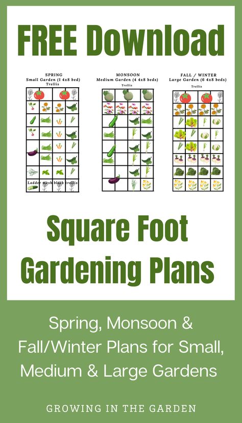 Take the work out of planning your garden each season. Enjoy this free download of square foot gardening plans for Spring, Monsoon & Fall/Winter for small, medium & large gardens. Designed by Angela Judd of Growing In The Garden. Square Ft Gardening Layout, Gardenary Planting Plan, 4x8 Garden Bed Plan, Vegtable Garden Layout, Sq Ft Gardening Layout, Zone 7 Gardening, Fall Winter Garden, Square Foot Gardening Plans, Raised Bed Garden Layout