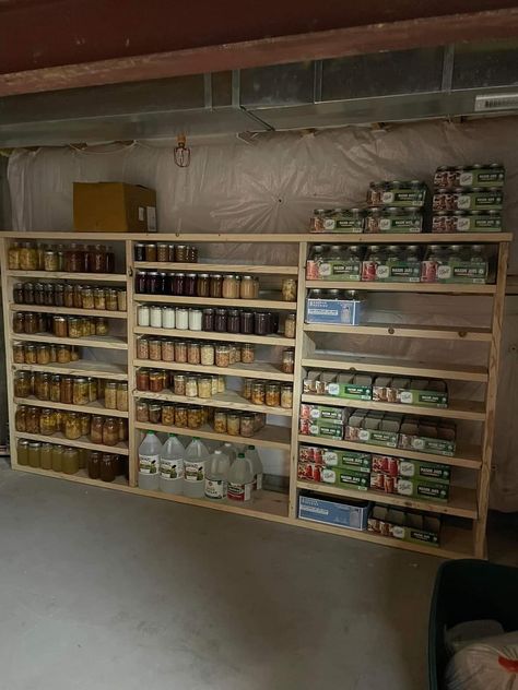 Garage Pantry Ideas Food Storage, Canning Shelves Diy Pantry, Canning Storage Ideas Shelves, Basement Canning Storage, Canning Supply Storage, Canning Shelves Diy, Diy Canning Storage, Canning Storage Ideas, Canning Shelves