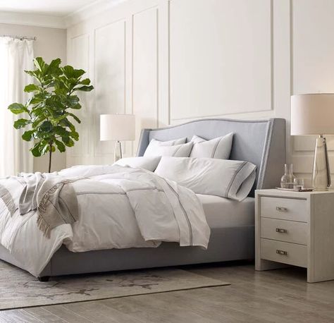 Cream And Grey Bedroom, Grey Headboard Bedroom, Grey Bed Frame, Bedroom Ideas Aesthetic, Mitchell Gold Bob Williams, Mitchell Gold, Comfortable Bed, Bedroom Headboard, Small Room Bedroom