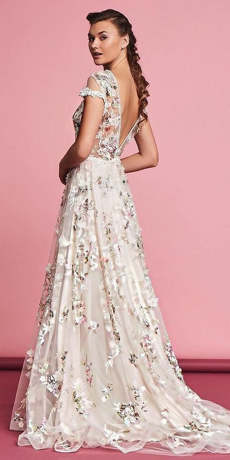 36 Floral Wedding Dresses That Are Incredibly Pretty ❤ floral wedding dresses a line white v back with cap sleeves train savinlondon #weddingforward #wedding #bride Wedding Dresses 3d Flowers, Floral Applique Dress, Silver Cocktail Dress, Embroidered Wedding Dress, Wedding Dresses Uk, Pink Wedding Dress, Wedding Dresses With Flowers, Floral Wedding Dress, Applique Wedding