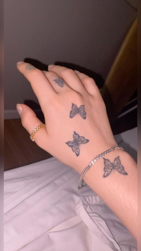 Fairy Princess Tattoo, Matching Thumb Tattoos, Butterflies Hand Tattoo, Hand Butterfly Tattoo, Butterfly Tattoo On Hand, Butterfly Tats, Butterfly Fairies, Small Dope Tattoos, Birthday Tattoos