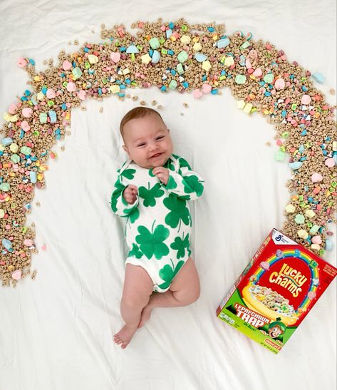 9 Months Old Photoshoot, March 6 Month Pictures, St Patrick Day Infant Pictures, Lucky Charms Picture Baby, St Patrick's Day Baby Photos, 6 Month St Patricks Day Photos, St Pattie’s Day Baby Pictures, Lucky Charms St Patricks Day Pictures, Lucky Charms Milk Bath