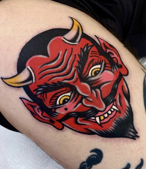 TRADITIONAL DEVIL HEAD TATTOO Tattoo Devil, Devil Face, Traditional Tattoo Old School, Traditional Tattoo Inspiration, Army Tattoos, 13 Tattoos, Devil Tattoo, Man Tattoo, Traditional Tattoo Sleeve