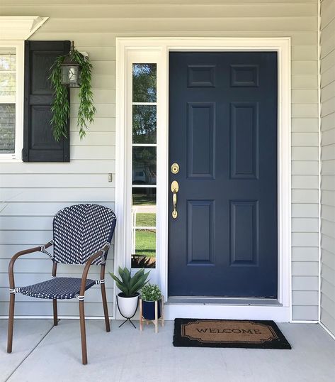 Blue Door Exterior House Colors, Navy Blue Door And Shutters, Door Paint Colors Entryway, Front Door Colors For Dark Blue House, Navy Blue Front Door Colors, Midnight Blue Front Door, Gray House With Blue Door, Best Blue Front Door Colors, Dark Blue Door Exterior