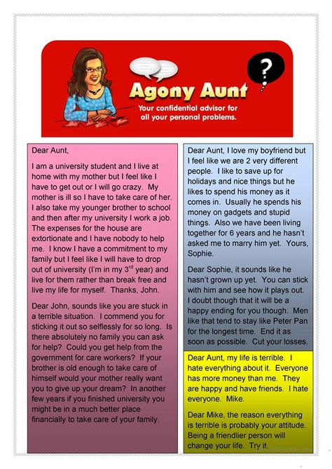 Agony Aunt - English ESL Worksheets Contact Names For Aunt, Funny Contact Names, Agony Aunt, Advice Column, Advice Columns, Conversation Skills, Essay Prompts, Phrasal Verbs, Teaching Jobs