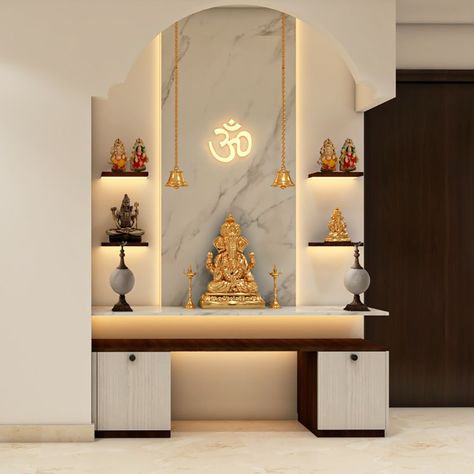 Compact Mandir Design With Wall-Mounted Shelves And Lights | Livspace Mandir Design Small Wall, Small Mandir Design Indian, Wall Mounted Pooja Unit, Mandir Wall Designs, Mandir Unit Design, Wall Mounted Mandir Design, Mandir Back Wall Design, Mandir Designs, Wallpaper House Design