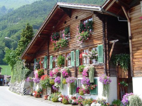 Rural Alpine home Gabled Windows, Swiss Flowers, Bavarian House, Switzerland House, Chalet Exterior, Swiss House, German Houses, Montana Homes, Swiss Chalet