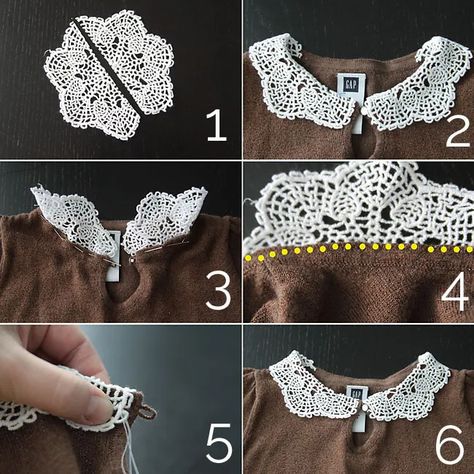 easy sewing tutorial for adding a cute doily collar to a girls sweater or shirt Gamle T Shirts, Collar Tutorial, Doily Crafts, Vintage Doily, Sewing Shirts, Embroidery Tshirt, Sew Ins, Diy Vetement, Trendy Sewing