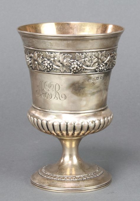 Lot 886, A George IV cast silver goblet with band of vinous decoration Newcastle 263 grams, 6" est £450-550 Assignment Pics, Antique Goblet, Silver Goblet, Baroque Tattoo, George Iv, Still Life Drawing, Silver Art, Life Drawing, Zbrush