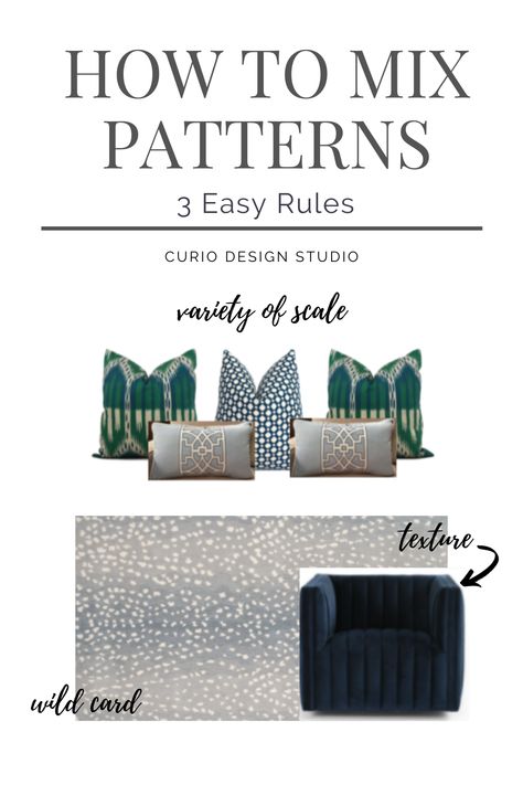 Mixing patterns helps create visual interest in a space and is the key to getting that layered + cohesive look we all desire. But finding the right mix of pattern can sometimes be tricky if you don’t have the ‘designer feels’ that us pros rely on. So I thought I would break it down for you. #pattern #mixingpattern #interiordesign #design #curiodesign Pillow Mixing, Pattern Game, Mixing Patterns, Large Scale Wallpaper, Design Theory, How To Mix, Simple Rules, Wild Card, English Style