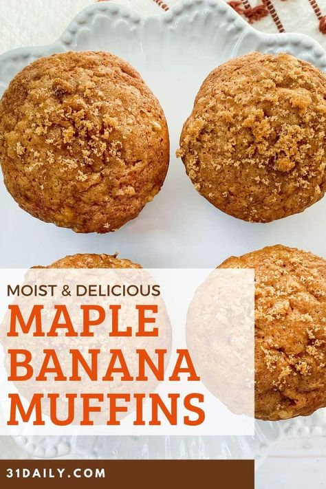 These easy, healthy Maple Banana Muffins are soft and delicious, with an enticing hint of fall. Maple and cinnamon warm up this perennial comfort food favorite banana muffins. Grab And Go Breakfast Ideas, Breakfast Ideas Brunch, Freeze Muffins, Banana Muffins Easy, 31 Daily, Moist Muffins, Banana Muffin, Breakfast Goodies, Banana Muffin Recipe