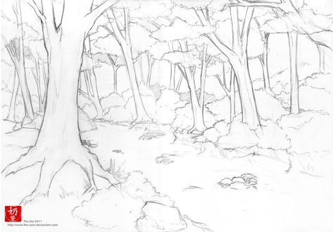 Forest line art by The-Nai on DeviantArt Woods Background Drawing, How To Draw Forest Trees, Trees Background Drawing, How To Draw Forest Background, Drawing Forest Background, Forest Drawing Tutorial, Forest Drawing Background, Forest Drawing Sketch, Forest Trees Drawing