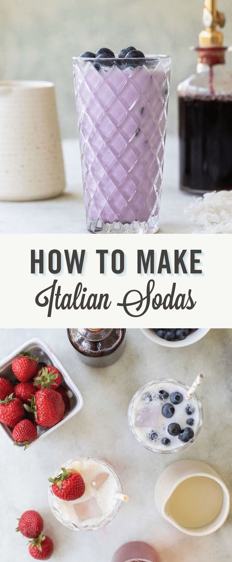 An Italian soda is a classic, refreshing drink that's easy to make with just 3 ingredients! We're sharing all the details on how to make an Italian soda and two of our favorite Italian soda flavors! #ItalianSoda #ItalianSodaRecipe #drinks Blueberry Italian Soda, Lavender Italian Soda, Soda Replacement Drinks, Italian Soda Flavors Combinations, Home Made Soda, Italian Soda Recipe, Italian Cream Soda Recipe, Italian Soda Bar, Family Drinks