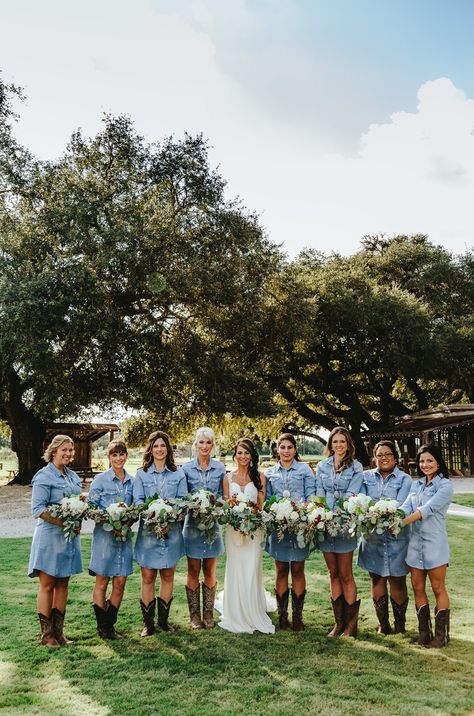 Denim Wedding Theme, October Country Wedding, Country Wedding Bridesmaids Dresses, Western Wedding Bridesmaids, Country Style Bridesmaid Dresses, Texas Vineyard, Country Wedding Outfit, Country Wedding Dresses Bridesmaid, Country Wedding Groomsmen