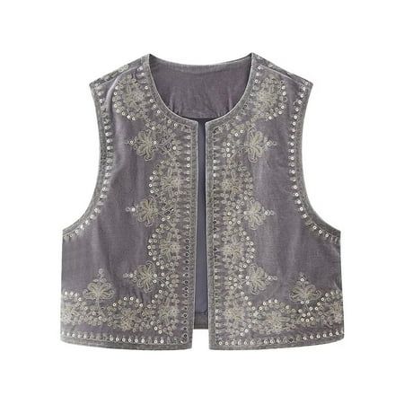 Please kindly noted that this item is sold by Yi Sheng Yang-1 from Joybuy marketplace. Women Vest, Sleeveless Open Front Embroidery Flower Sequined Outwear Gilet for Casual Street A basic and necessary vest for women. A good combination of beauty and comfy. Size Chart Size(inch) S Length: 17.72 Bust: 36.22 M Length: 18.11 Bust: 37.80 L Length: 18.50 Bust: 40.16 Specification Item Name: womens vest Color: black, gray, khaki Size: S, M, L Material: 100% polyester Sleeve: sleeveless Collar: open front Pattern: embroidery flower Package Contents 1pc x womens vest Friendly Tips 1.Please kindly allow 2-3% difference according to manual measurement 2.Please check the measurement chart carefully before you buy the item. (1 inch=2.54cm) 3.Please note that a slight color difference should be accepta Sleeveless Jackets For Women, Waistcoat Fashion, Y2k Cardigan, Waistcoat Woman, Embroidered Vest, Velvet Vest, Embroidered Velvet, Velvet Shorts, Short Vest