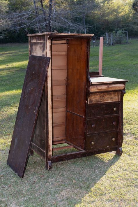 Converted Armoire, Wardrobe Upcycle, Chifferobe Makeover, Chifferobe Repurposed, Antique Wardrobe Makeover, Chifferobe Makeover Ideas, Old Wardrobe Makeover, Refinished Antique Dresser With Mirror, Rustic Pine Armoire Makeover