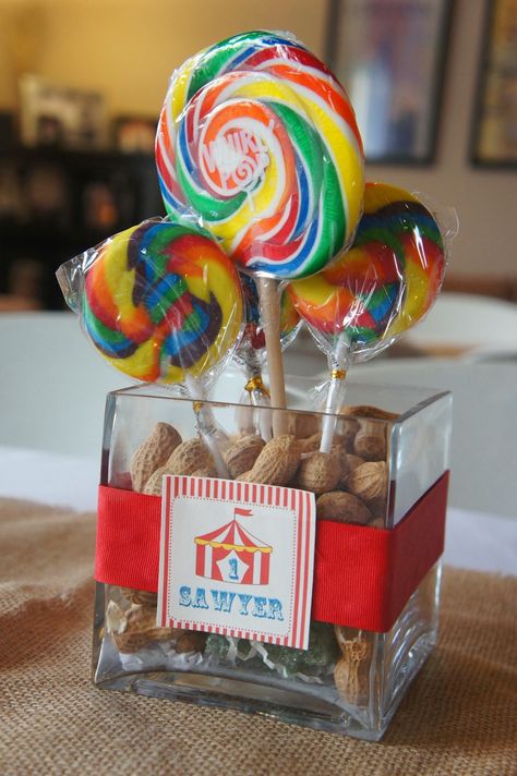 Circus party centerpiece                                                                                                                                                                                 More Circus Party Centerpieces, Boardwalk Carnival, Carnival Centerpieces, Dumbo Birthday Party, Circus Decor, Carnival Baby Showers, Circus Birthday Party Theme, Carnival Birthday Party Theme, Circus Carnival Party