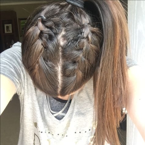 Two French braid and a pony tail #updue #simple Poney Tale Hairstyle Simple, Braids Into High Ponytail, French Braids Into Ponytail, Braids Into Ponytail, Pony Tale, Two French Braids, French Braid Ponytail, French Roll, Braid Ponytail