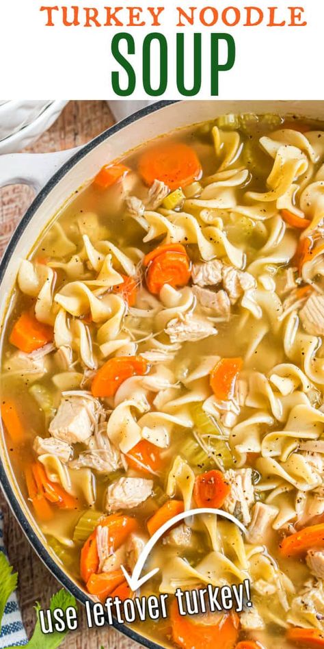 Comfort food for the holidays! Use your leftover holiday turkey to make this Turkey Noodle Soup recipe or substitute shredded chicken any time of the year. Crockpot Turkey Soup Slow Cooker, Heathy Soup, Turkey Soup Crockpot, Turkey Soup From Carcass, Turkey Noodle Soup, Turkey Soup Recipe, Shugary Sweets, Noodle Soup Recipe, Holiday Turkey