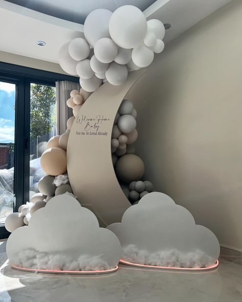 Welcome Home Surprise, Cloud Backdrop, Christening Balloons, London Decor, Baby Backdrop, Welcome Home Baby, Moon Crescent, Balloon Delivery, Moon Decor