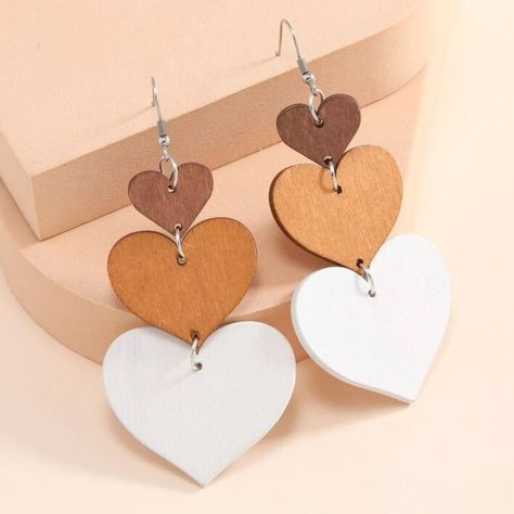 Three Tier Wooden Heart Dangle Earrings. Tassel Drop Earrings, Heart Dangle Earrings, Long Dangle Earrings, Heart Drop Earrings, Heart Shape Pendant, Heart Decorations, Wooden Earrings, Wooden Hearts, Wood Earrings