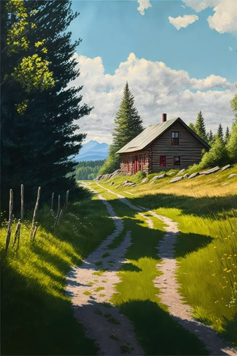 cabin in the mountains Nature Photography Drawing, Beautiful Mountain Scenery, Landscape Paintings House, Landscape With House Painting, Beautiful Scenery Nature Landscapes, Houses On Mountains, Landscape Photos To Paint, Paintings Of Scenery, Nature Pictures Drawing