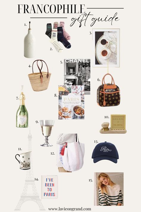 Graphic of 15 items part of a Francophile gift guide for 2022. Francophile Style, Francophile Gifts, French Wardrobe Essentials, French Wardrobe Basics, Gift Guide 2022, Chic Black Outfits, Shopify Ecommerce, French Life, Cafe Creme