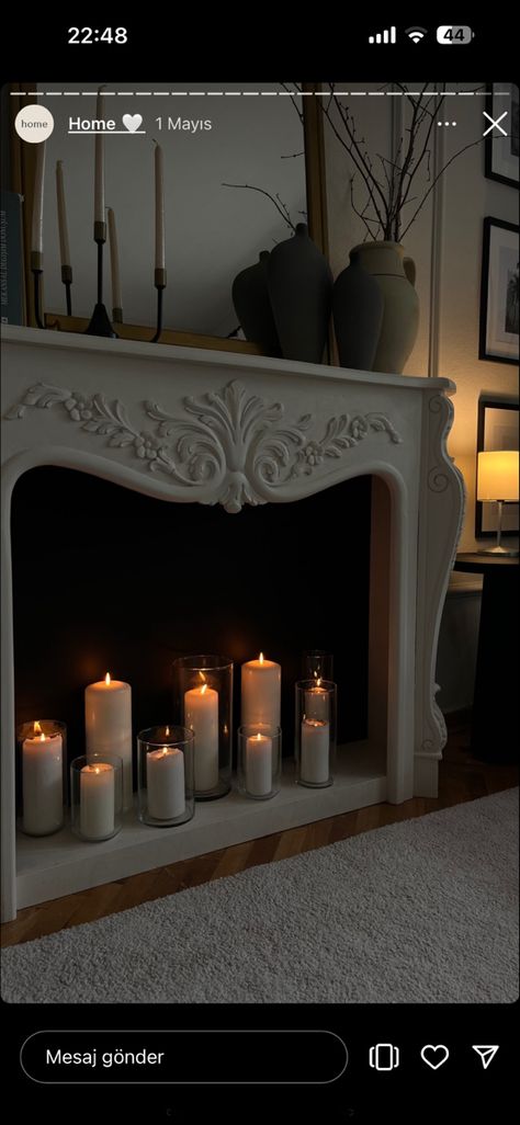 Fake Mantle Ideas, Faux Fireplace Candles, Mantelpiece Decor, Rental Home Decor, Fake Fireplace, Apartment Decorating Living, Candles In Fireplace, Old Fireplace, Condo Decorating