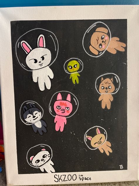 Painting Ideas On Canvas Kpop, K Pop Painting Ideas, Skz Painting Ideas, Straykids Painting, Skz Paintings, Skzoo Painting, Kpop Painting Ideas Easy, Stray Kids Painting Ideas, Stray Kids Painting