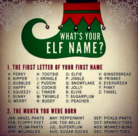 " Sugar Plum Pickle Pants " elf names Your Elf Name, Whats Your Elf Name, Xmas Games, Elf Names, Christmas Jokes, Office Christmas Party, Kids Christmas Party, Holiday Games, Christmas Party Games