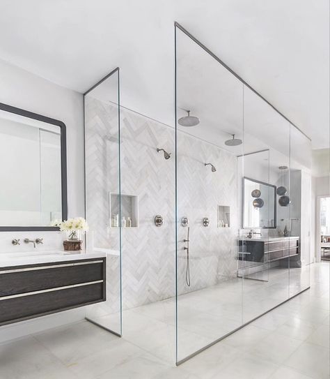 His And Hers Bathroom, Beautiful Bathroom Designs, Double Shower, Yay Or Nay, Gorgeous Bathroom, Bathroom Design Luxury, Bathroom Spa, Glass Shower Doors, Bathroom Remodel Master