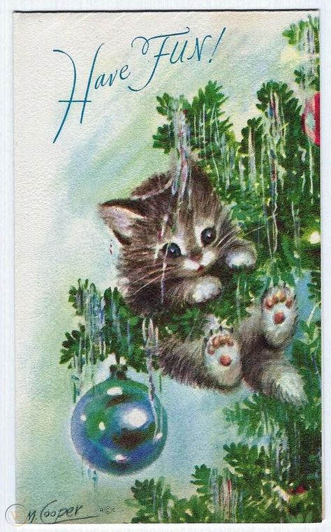 Vintage Cat Christmas Cards, Marjorie Cooper Illustration, Vintage Christmas Pictures, Christmas Cat Art, Marjorie Cooper, Christmas Kitties, Images Noêl Vintages, Cat Christmas Cards, Vintage Holiday Cards