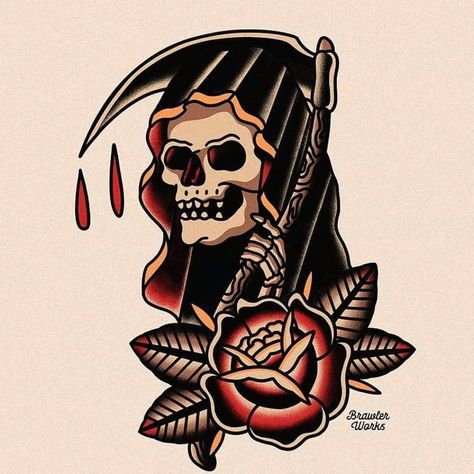 The Origin of the Grim Reaper, this dark character hides many secrets. From Myth to popularity in culture, learn everything from him before he gets interested in you! #skulltattoos #tattooideas Traditional Tattoo Reaper, Traditional Reaper Tattoo, Traditional Reaper, Hardcore Tattoos, Traditional Tattoo Man, Traditional Tattoo Old School, Traditional Tattoo Inspiration, Engraving Tattoo, Grim Reaper Tattoo