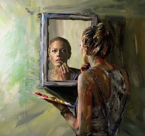 Looking In Mirror, Art Reflection, Mirror Drawings, Painting Mirror, Reflection Art, Portraiture Art, New Picture, Mirror Painting, Portrait Images