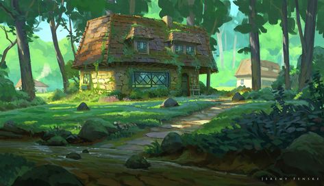 Jeremy Fenske, Fantasy Environment, Painted Backgrounds, Fantasy Kingdom, Background References, Fantasy Cottage, Art Environment, Forest Cottage, Background Painting