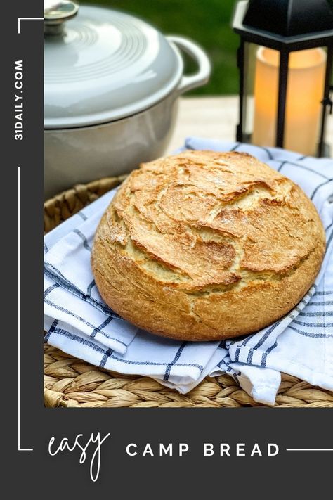 Dutch Oven Camp Bread is a bread recipe that's long been a tradition for us. Made camp style in a cast-iron Dutch oven over briquettes, or baked at home, it's a sweet and delicious recipe you'll not soon forget. Camp Bread, Campfire Bread, Wood Fired Oven Recipes, Dutch Oven Recipes Cast Iron, Dutch Oven Camping, Dutch Oven Bread, Enamel Dutch Oven, Cooking Bread, Dutch Oven Recipes