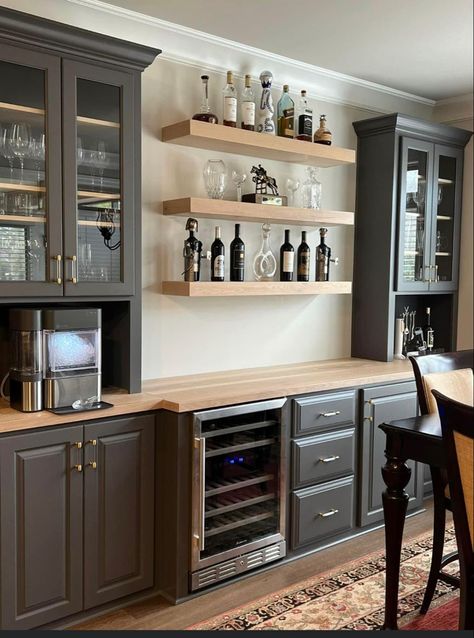 Modern Kitchen Buffet Cabinet, Modern Farmhouse Shaker Cabinets, Kitchen Cabinet Different Depth, Kitchen Buffet Area, Bar Wall With Shelves, Wine Bar Built In Cabinets, Bar Coffee Area In Kitchen, Kitchen Cabinets In Dining Area, Wall Bar In Dining Room