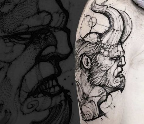 Hellboy tattoo by Jakub Kowalski Hellboy Tattoo, Hell Boy, Black And Grey Tattoo, Famous Tattoo Artists, Movie Tattoo, Movie Tattoos, Muster Tattoos, Tattoo Artwork, World Tattoo