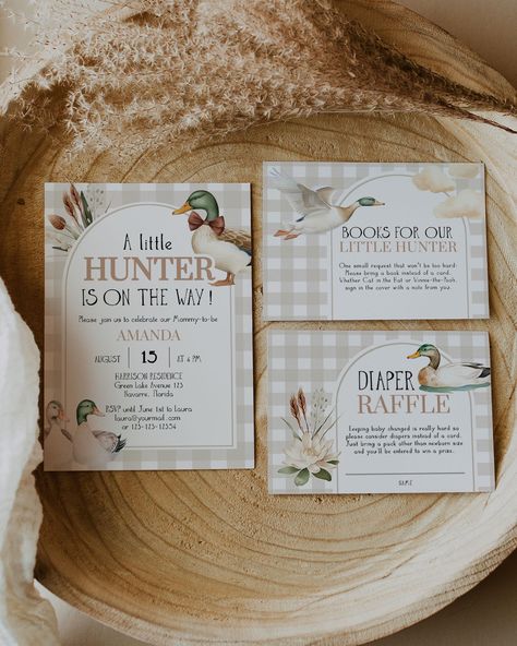 Announce your little boy's arrival with our Duck Hunt themed baby shower invitation template. Personalize with ease and download for instant access. Featuring adorable mallard ducks and a hunting theme, it's perfect for your duck-themed celebration. Get ready to welcome your little 'lucky duck' with this easy-to-edit, printable invitation! ✅ INSTANT ACCESS ✅ EDIT ALL TEXT/FONT & FONT COLOR ✅ PRINT AT HOME OR PROFESSIONALLY ✅ PRINTING SERVICE 👉 https://bit.ly/3MzD1Zf ✅ RELATED ITEMS 👉 https://e Vintage Hunting Baby Shower Theme, Duck Hunting Theme Baby Shower Ideas, Duck Hunting Baby Shower Theme, Baby Shower Hunting Theme, Mallard Baby Shower Theme, Spring Baby Shower Themes For Boys, Mallard Duck Baby Shower Ideas, Baby Boy Baby Shower Themes, Hunting Baby Shower Theme