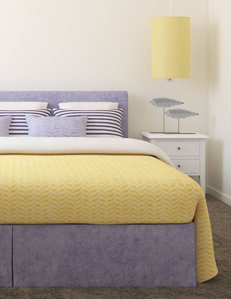 Yellow Purple Bedroom, Yellow And Lilac Bedroom, Lavender And Yellow Bedroom, Gray And Lavender Bedroom, Purple Bedroom Decor Ideas, Purple And White Bedroom Ideas, Pale Yellow Bedrooms, Dark Purple Bedrooms, Purple And Yellow Bedroom